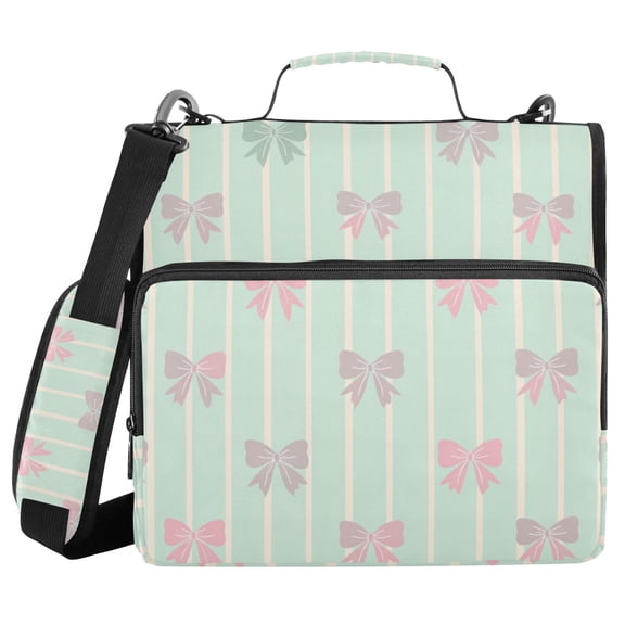Mint Green Stripes Gardient Colored Bows Binder Bag with Shoulder Strap 3 Ring Zipper Binder File Folder Document Storage