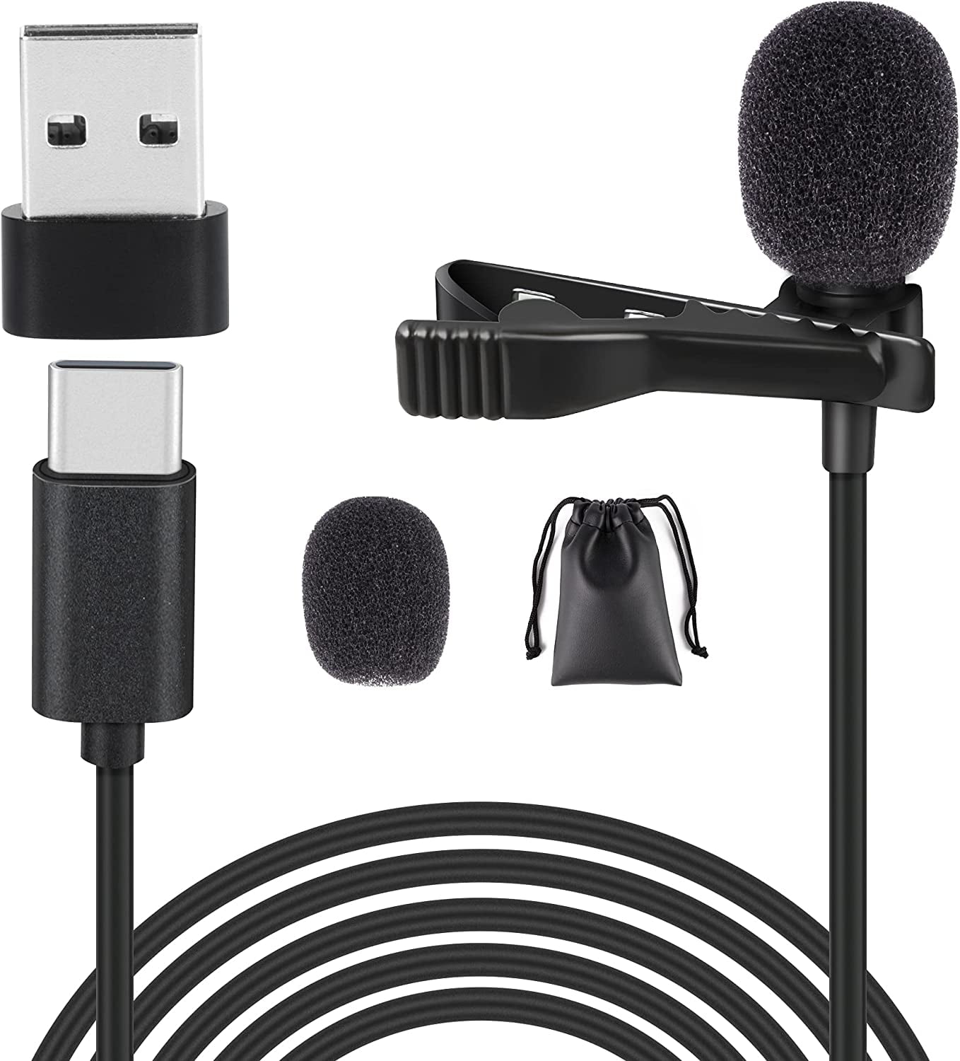 USB Microphone Omnidirectional Condenser Lavalier Lapel Clip on Mic for Laptop 