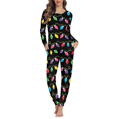 

FKELYI Christmas Women Pajamas 2-Piece Comfy Colorful Lights Long Sleeve Pajamas for Girls Casual Festival Party Women Pj Set Size XS