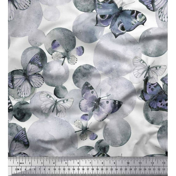 Soimoi Silk Fabric Dot & Butterfly Decor Fabric Printed Yard 42 Inch Wide