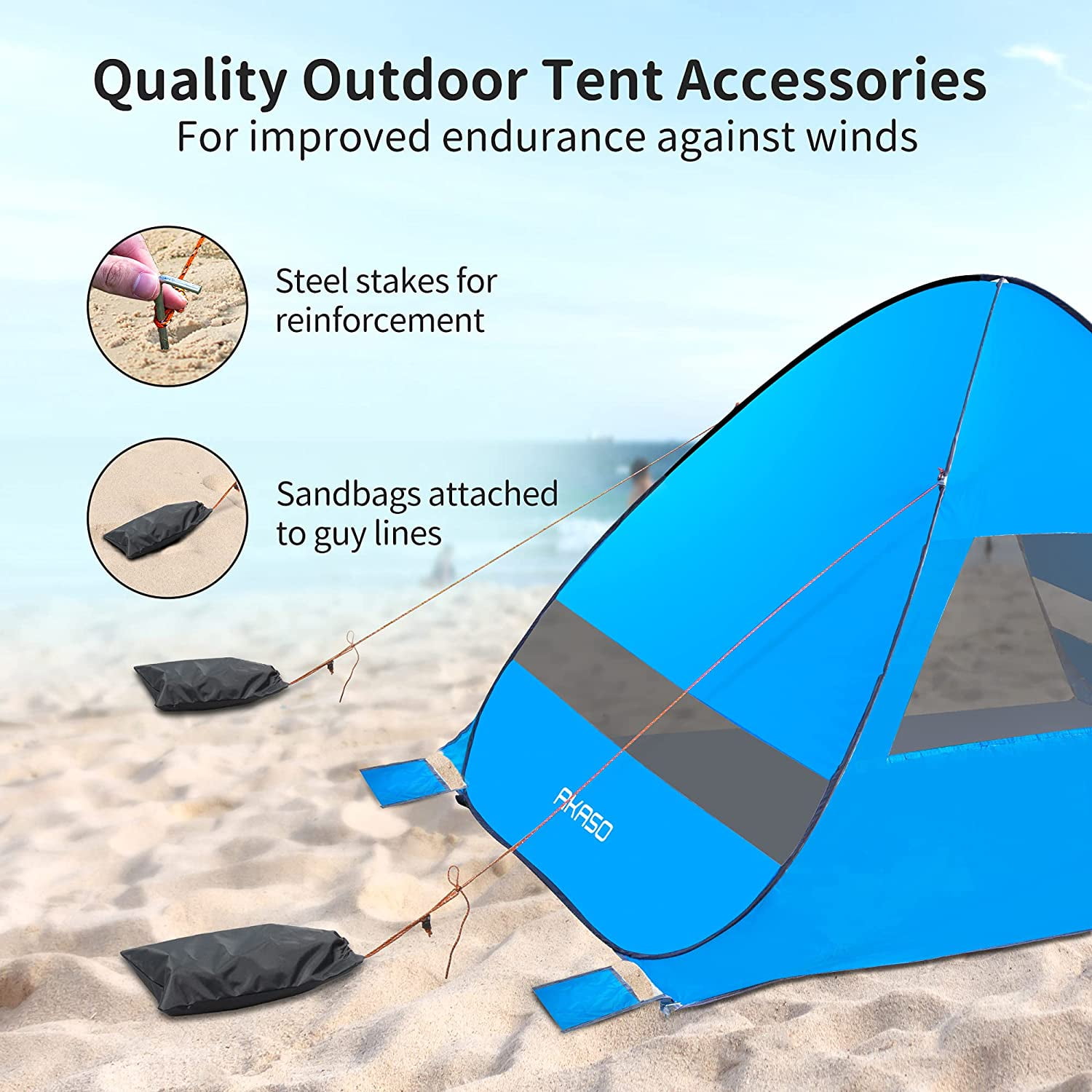 AKASO Anti UV Pop Up Beach Tent - Ventilated Automatic Tent with Windows - AKASO Portable Beach Tent for 3-4 Person, UPF 50+, 7.4\u0027 x 4.7