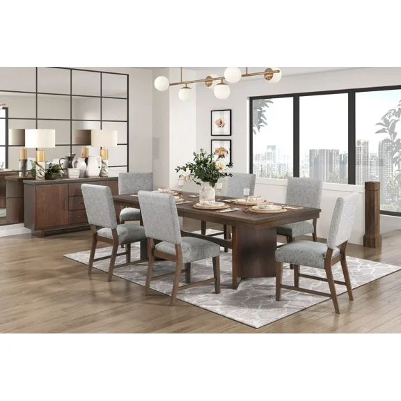 New Modern Design 7pc Dining Set Expandable Table Upholstered 6x Chairs Set Walnut Finish Wooden Furniture