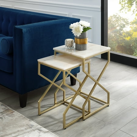 Leg Extension Table Set - Shino Gold Nesting End Table - Square Natural Marble Top | Stackable | Metal X-cross Legs | Set of 2
