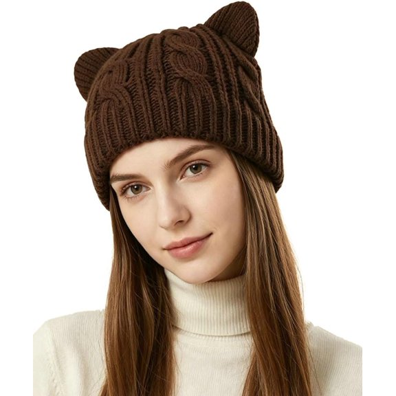 Cable Knit Cat Ear Beanie Soft Polyester Windproof Warm Winter Skull Cap for Women Outdoor Daily Wear