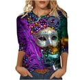 thumbnail image 2 of AGWOLF Mardi Gras Outfit for Women 3/4 Length Sleeve Mask Graphic Carnival Tee Blouses Fashion Round Neck Funny 3D Print Holiday Tops, 2 of 5