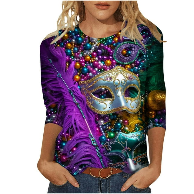 Penkiiy T-shirt Blouse Décontractée à Manches 3/4 et Col Rond pour Femmes, Impression Mode Mardi Gras, Multicolore