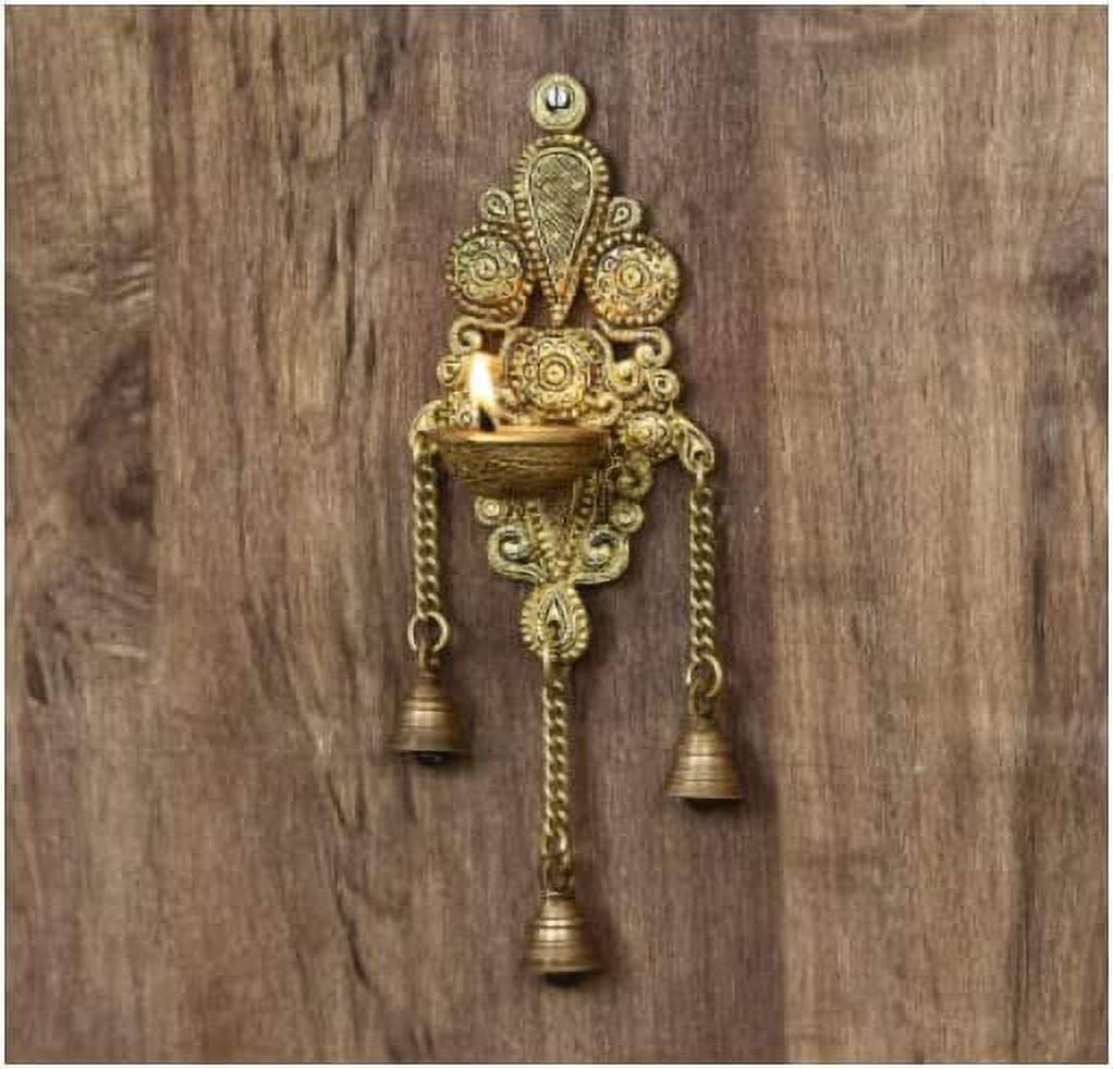 Brass Antique Design Handcrafted Wall Hanging Oil Lamp Diya with Bells Decorative Showpiece (Approx. 4 x6 x 3 Inch)