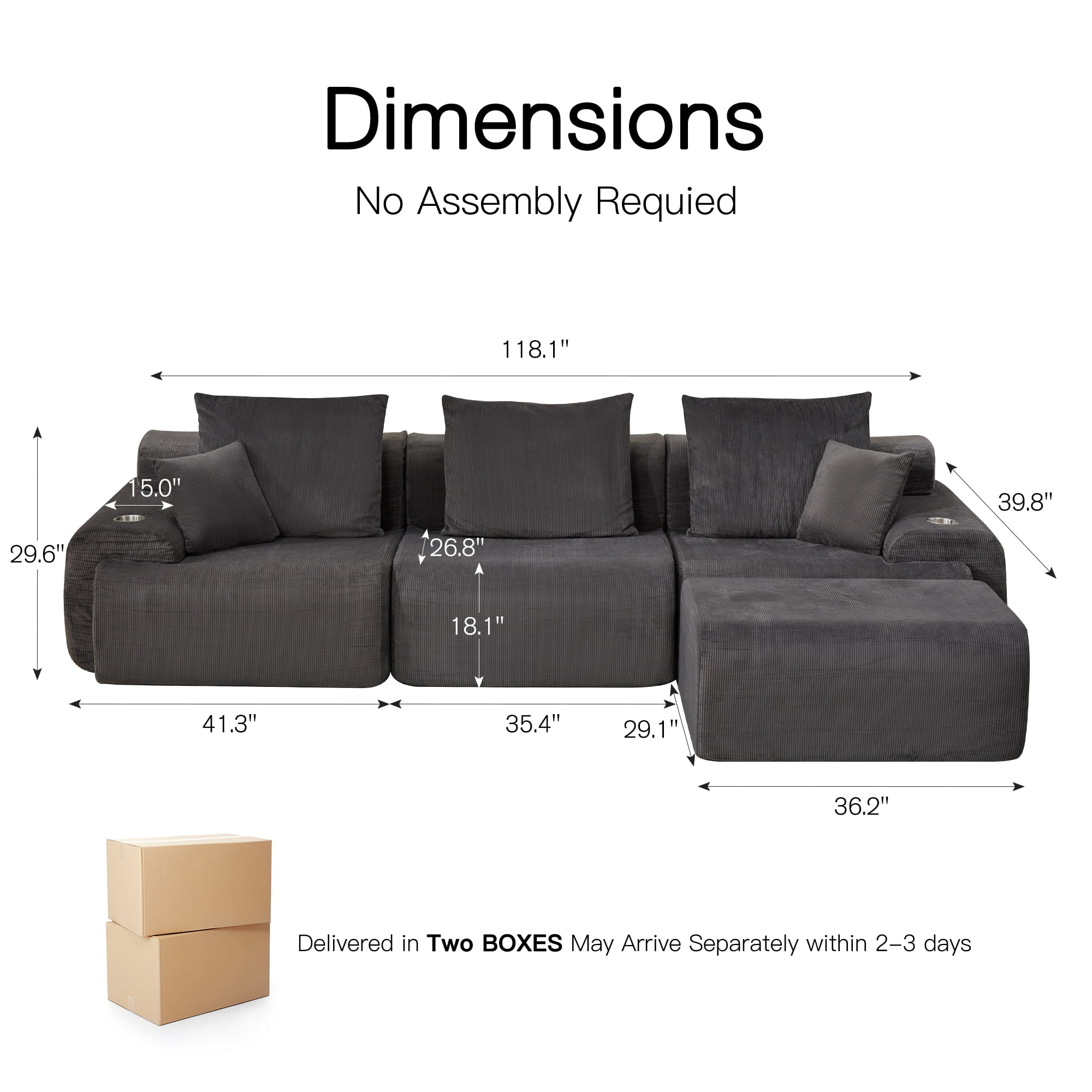 HOMREST 118" L-Shaped Modular Sectional Sofa for Living Room, Corduroy Upholstery Cloud Sofa with Movable Ottoman, Oversized Boneless Couch with Deep Seat No Assembly Required (Charcoal Blue)