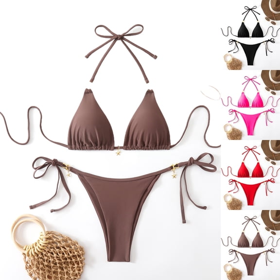 YanHoo Bikini Sets for Women 2 Piece Halter String Triangle Swimsuits Tie Side Thong Swimwear Beach Outfits