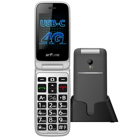 artfone G3 flip phone,Big Buttons Cell Phone for Elderly & Kids,2.4" Display, 1300mAh,Stereo Speaker,Time Telling,SOS Button, Convenient USB-C & Charging Dock, Gray