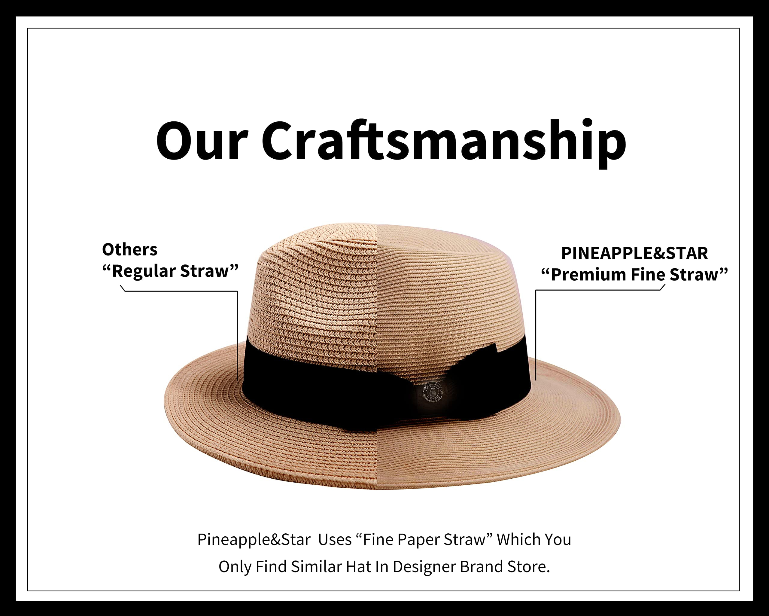 Pineapple&Star Sun Straw Fedora Beach Hat Fine Braid UPF50+ for Unisex 