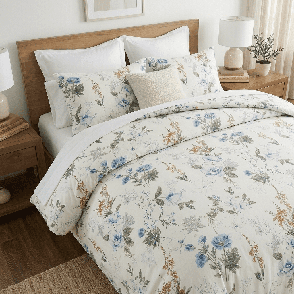 Move Over Blue Floral Duvet Cover Set Queen Size 3 Pieces Reversiable Cotton Bedding Set Pink and Green Garden Flower Comforter Cover Set for All Seasons