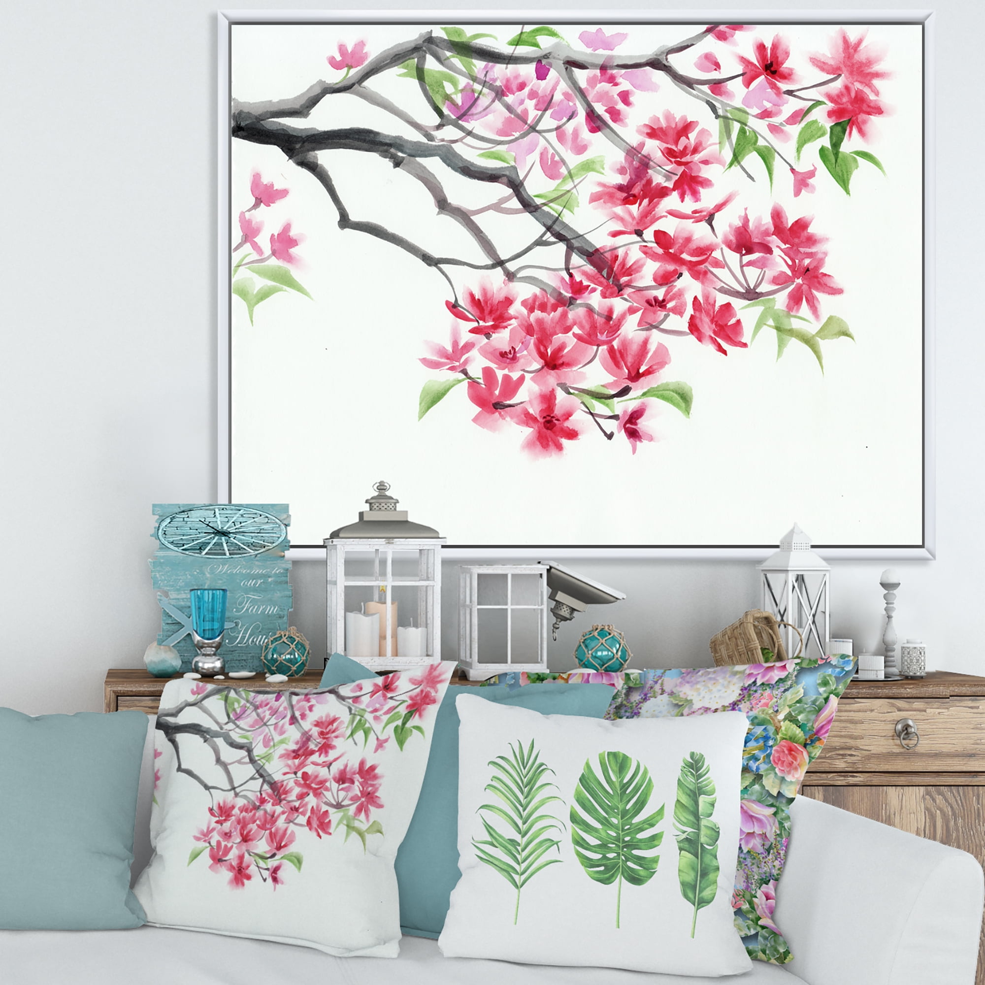 Designart 'Red Blossoming Tree On White' Traditional Framed Canvas Wall Art Print