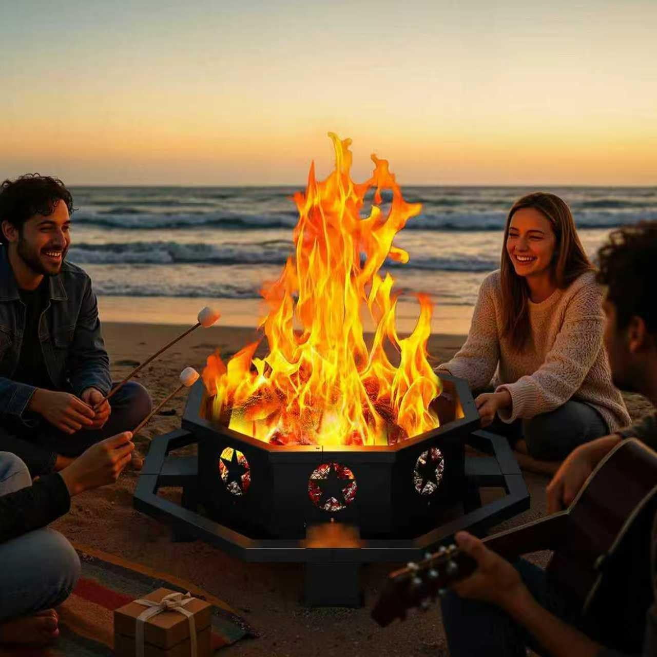 45" Octagonal Fire Pit, Wood Burning Fire Pit with Poker for Outside