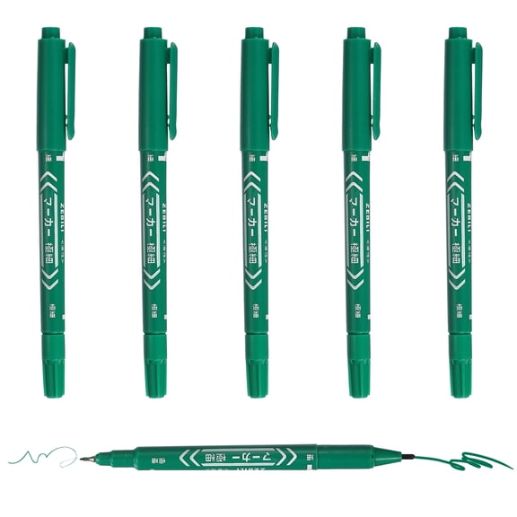 Uxcell Twin Tip Permanent Markers, 6 Pack Green Fine and Ultra Fine Point Colored Makers Quick Drying Coloring Pen for Writing Drawing on Wood Plastic Metal Glass Stone