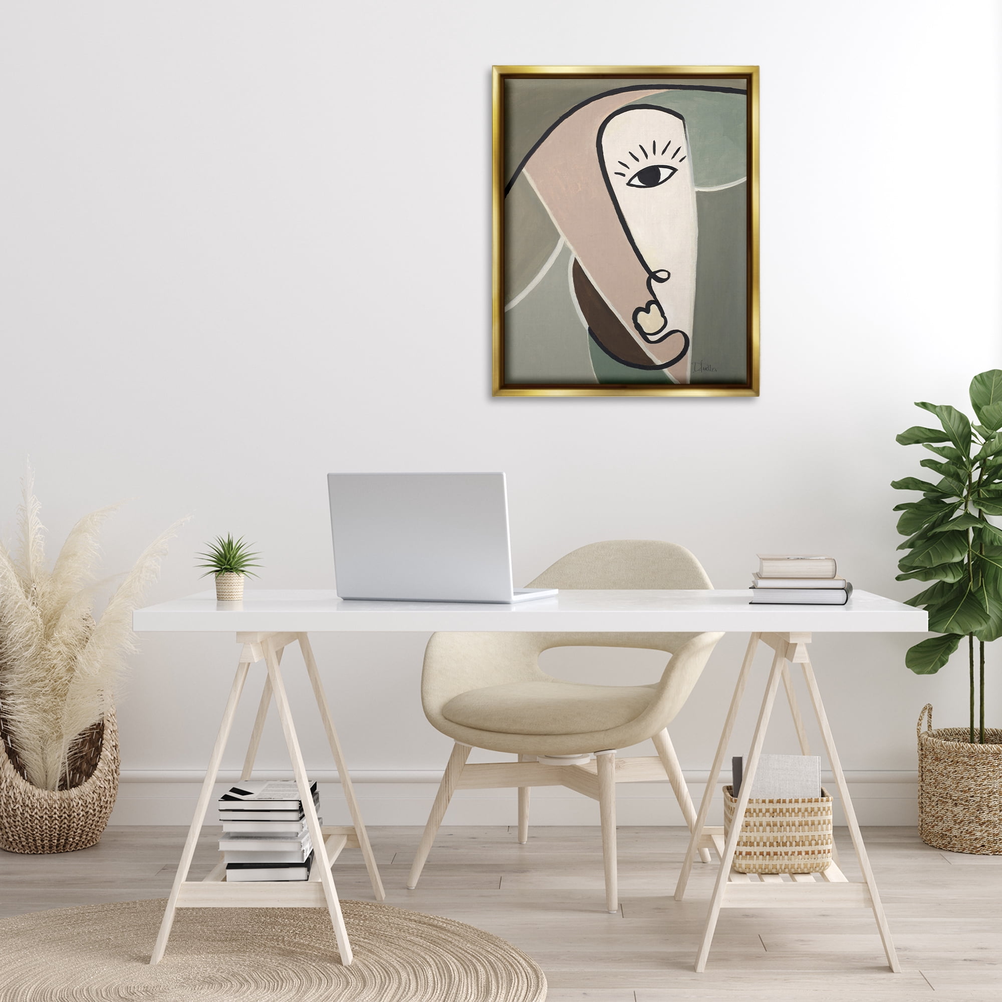 Stupell Industries Boho Cubism Face Abstract Painting Gold Floater Framed Canvas Art Print Wall Art, 25 x 31