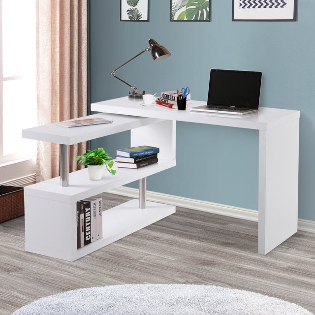 Bureau Moderne en Forme de Coin, Bureau d'Ordinateur de Bureau avec Étagère de Rangement, Blanc