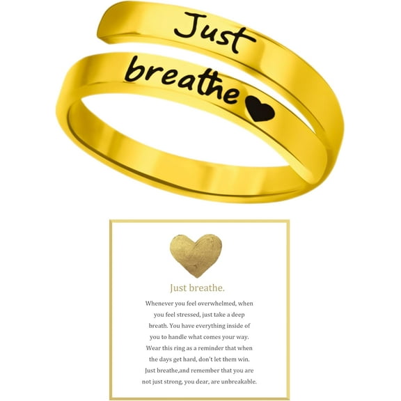 Just Breathe Ring for Women, Adjustable Heart Ring, Stainless Steel Spiral Wrap Healing Rings, Inspirational & Heart felt Gift