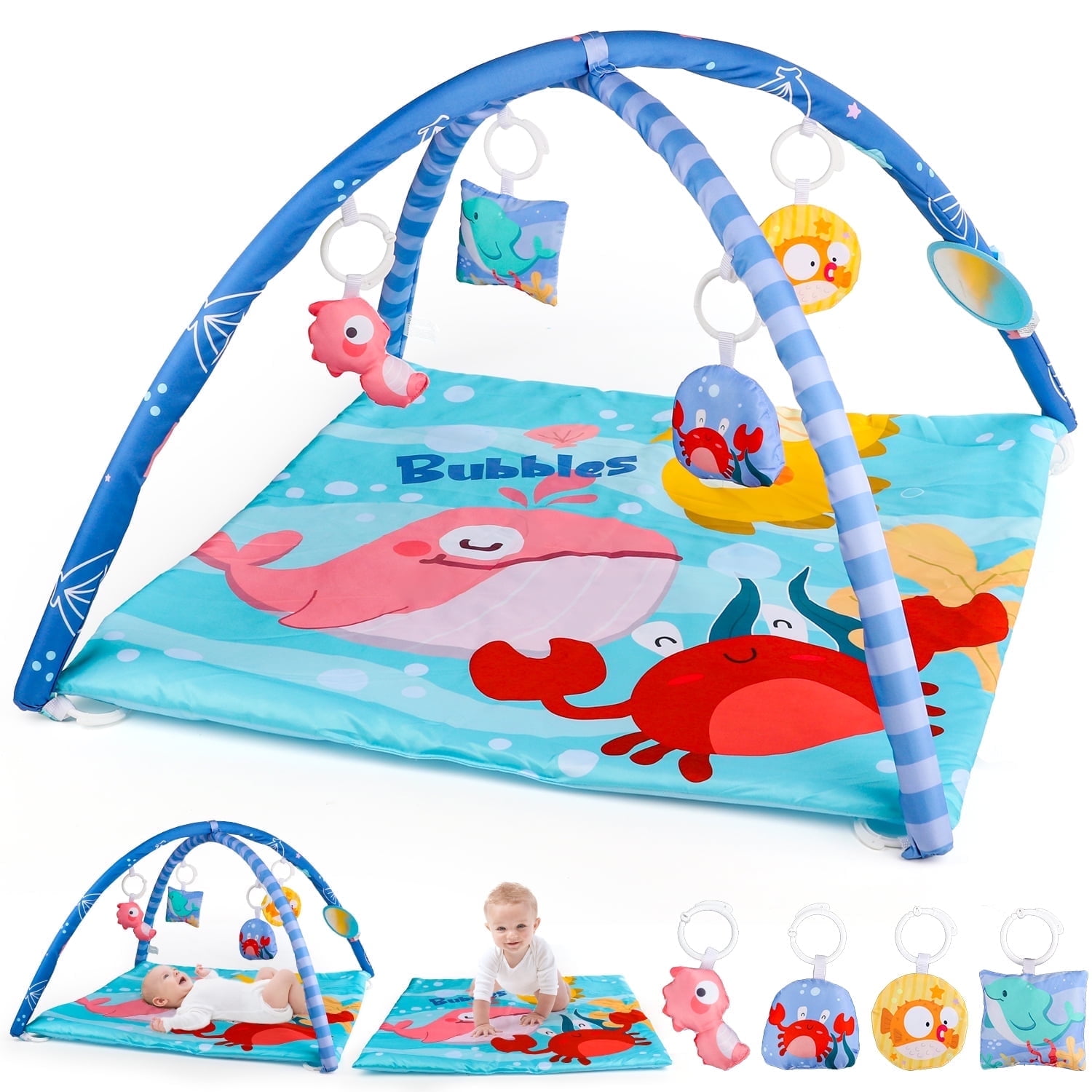 UUSUOO Baby Gym Play Mat,Tummy Time Mat With 5 Sensory Toys,Busy Baby Mat for Visual, Hearing, Sensory,Baby Toys 0-6 Months,Christmas Gifts for Toddler Infant 0-3-6-9-12 Month