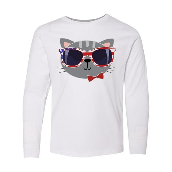 Inktastic 4th of July Girl Patriotic Cat Long Sleeve Youth T-Shirt
