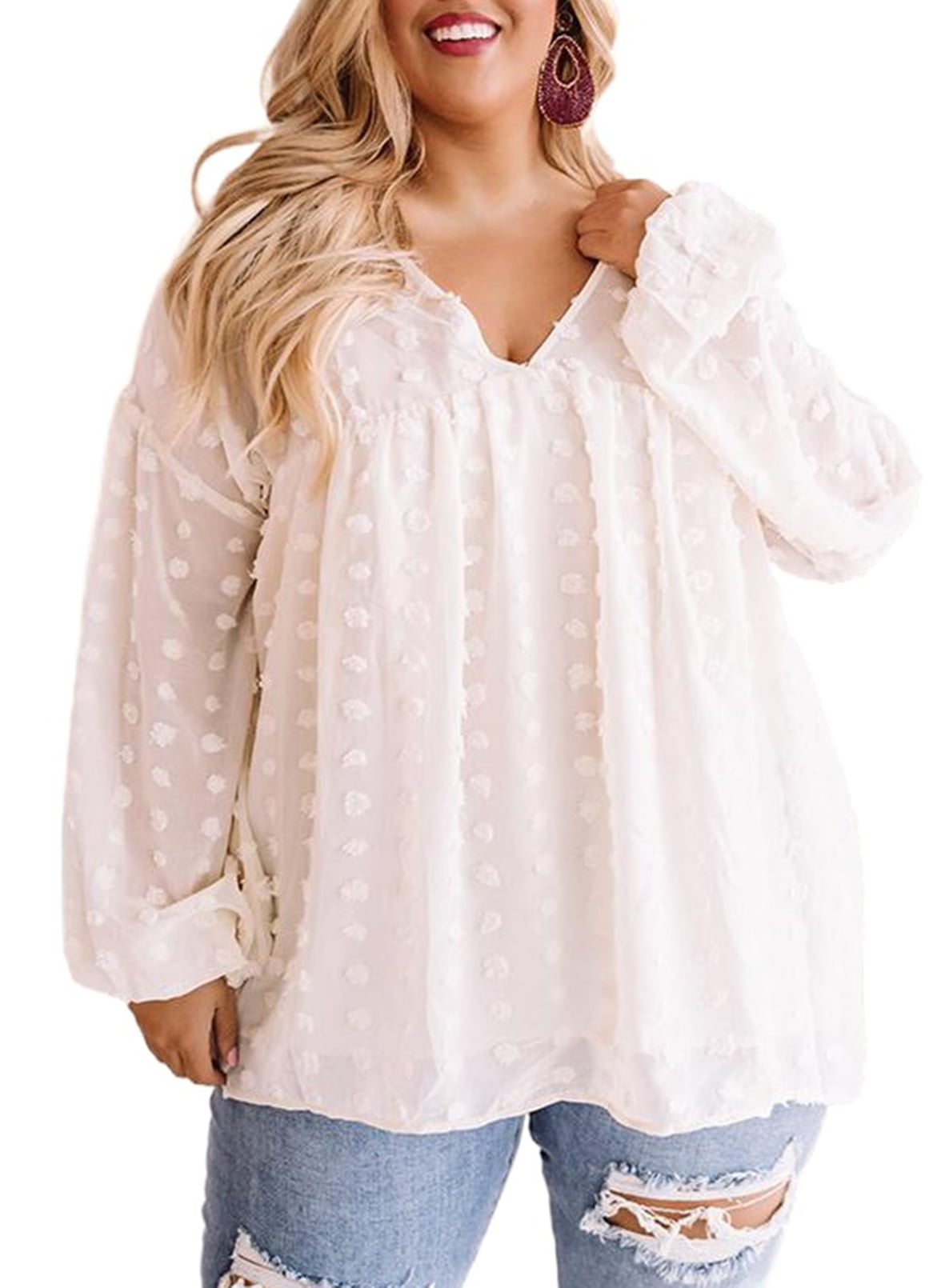Aleumdr Womens Plus Size Blouse Fashion V Neck Pom Pom Long Flowy Shirt Tops XL - Walmart.com