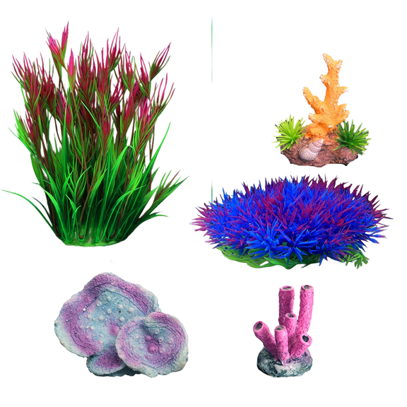 Eco-Friendly Aquarium Decor Set - 5 Pieces Artificial Coral & Plant Ornaments for 10-20 Gallon Fish Tanks