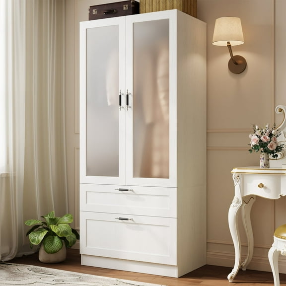 MEISSALIVVE Modern Armoire Wardrobe Closet with 2 Doors, Hanging Rod, 2 Drawers, Frosted Glass, Bedroom Storage Cabinet, White Wood Grain