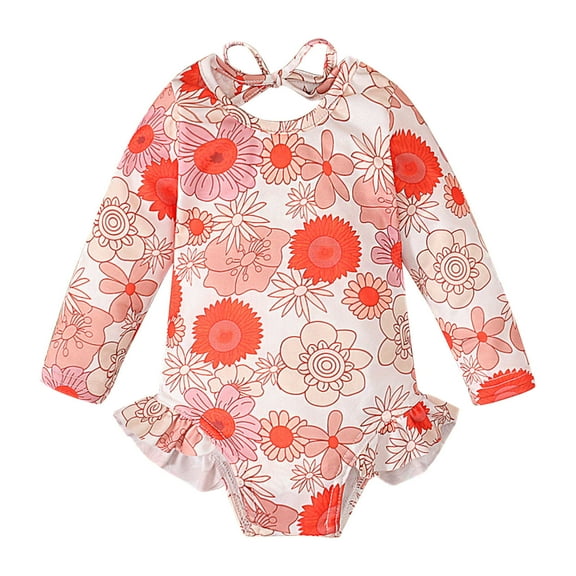Fesfesfes Girls' Bathing Suit Toddler Baby Girls 1 Piece Long Sleeve Swimsuit Rashguard Set Summer Swimwear for Baby Girls 6 Months-3 Years(Red,12 Months)