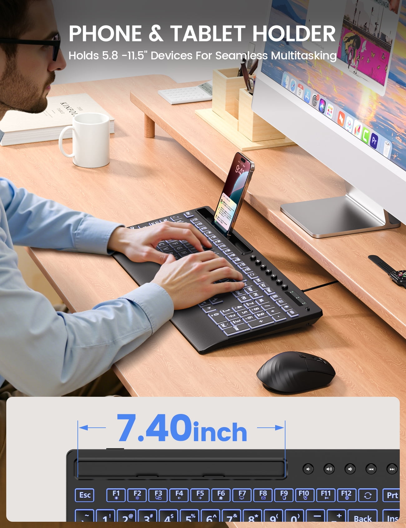 Large Print Wired Backlit Keyboard with Wrist Rest, Phone Holder, Backlight Memory, Quiet Keys, Ergonomic Keyboard for PC Laptop