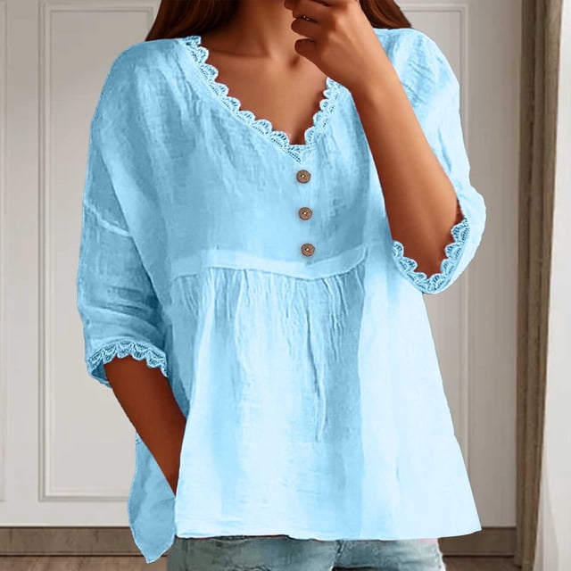 SHIXIAOO Blouse Décontractée à Manches Pointues en Dentelle Col en V pour Femmes, Blouse de Travail Décontractée, Chemise de Pyjama à Carreaux pour Femmes