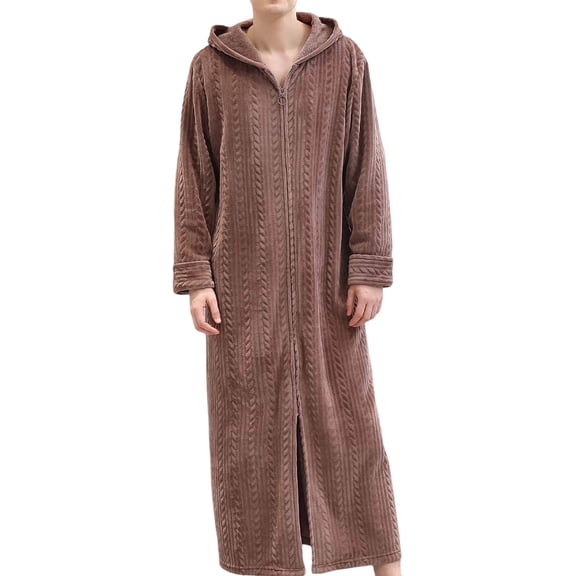 mens Zipper Front Hooded Housecoat Full Length Long robes Sleepwear winter warm Flannel fleece loungewear with pockets Coffee L