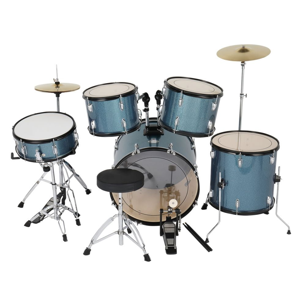 5-Piece Adult Drum Set, 22 Inch Full-Size Drums Kit with Cymbal Stands, Hi-Hat Stand, Sticks, Drum Pedal, Stool & Floor Tom for Beginner Teens Student (Blue)