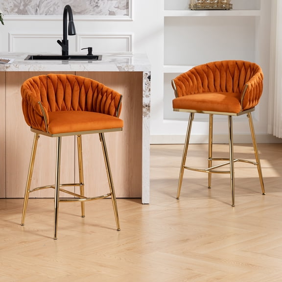 [Set of 2] 26'' Counter Height Bar Stools Kitchen Island Counter Bar Stool with Hand- Wave Back, Golden Chromed Base and Footrest
