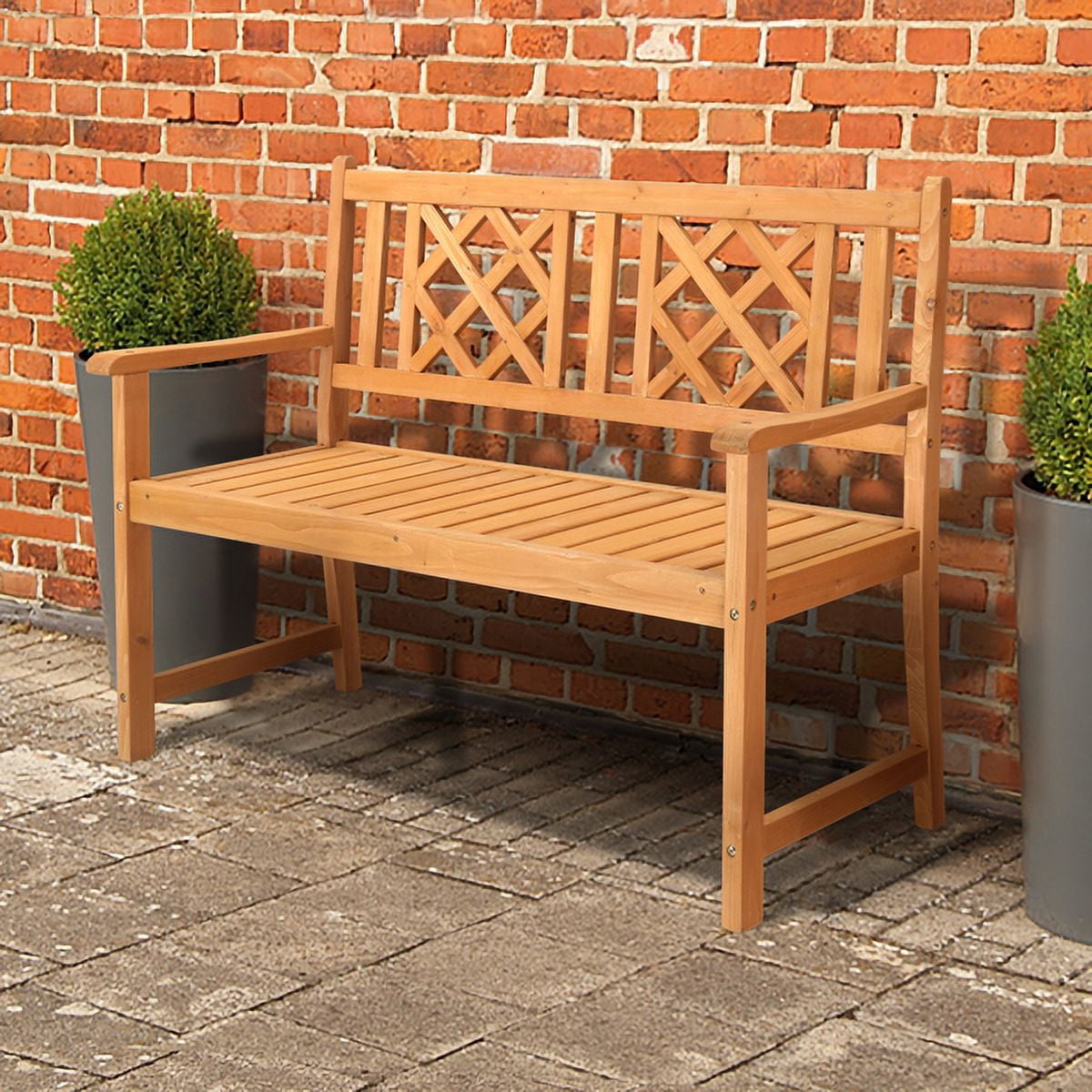 Outdoor Garden Fir Grid Back Wooden Bench Burlywood