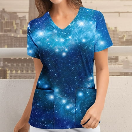 

Nursing Working Uniform Tops Womens Summer Short Sleeve Scrub Tops Starry Sky Print Pockets Casual V Neck Blouses Tunic Tops Pullover