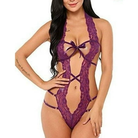 

Womens Sexy Teddy Lingerie Lace Bodysuit Sexy Lingerie Bodysuit for Women - One Piece Lace Teddy Halter Mini Babydoll Bodysuit Purple M