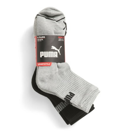 PUMA SOCKS MEN'S - HI QUARTER 243 - GREY BLACK - LARGE (10-13)- PACK 6