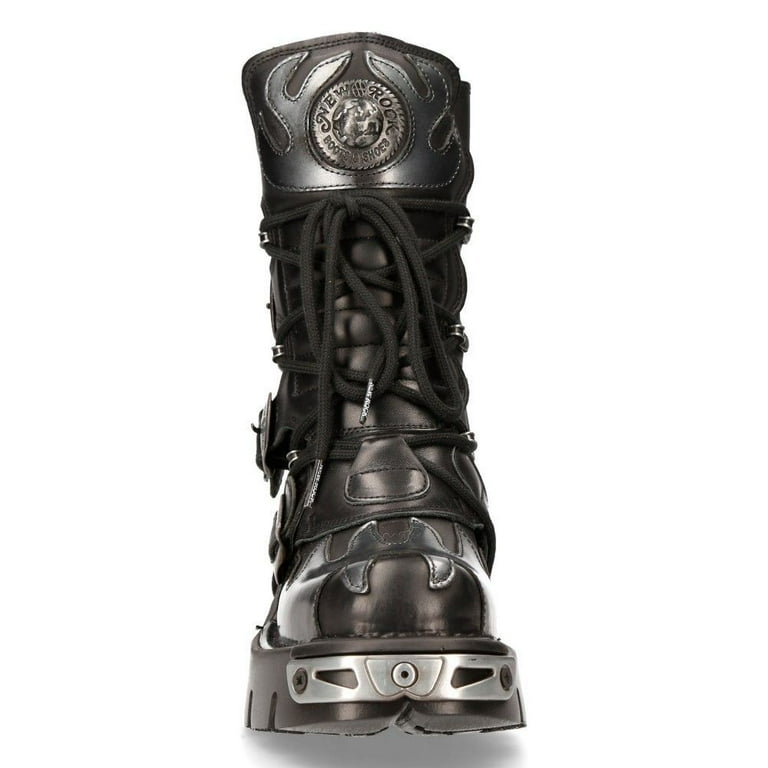 【NEW ROCK】 591-S2 (26cm) New Rock 591-S2 Black/Silver Gothic Leather Flame Boots 36