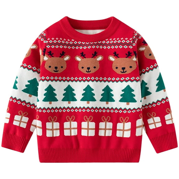 Odeerbi Toddler Boys Girls Christmas Sweater Cute Winter Thermal Knit Crewneck Sweater 1-8 Years Children's Christmas Deer Print Sweater Long Sleeve Top Toddler Clothes Red
