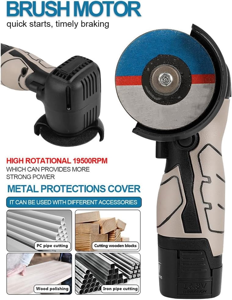 16.8V Mini Angle Grinder Kit,19600rpm Brushed Electric Angle Grinder,Portable Grinder with 4X1500mAh Battery,1 Cutting Disc,Grinder Handheld Cutting Machine,2batteries