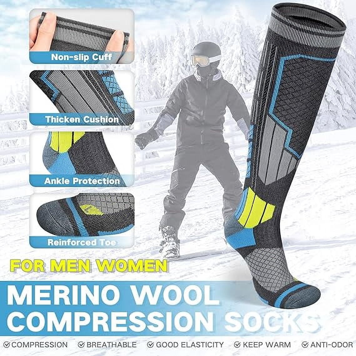 2 Pairs Merino Wool Ski Socks, Men Women Compression Snowboard Winter Thermal Socks for Skiing, Snowboarding, Cold Weather, Winter (Greyblue USA Size 6.5-8)