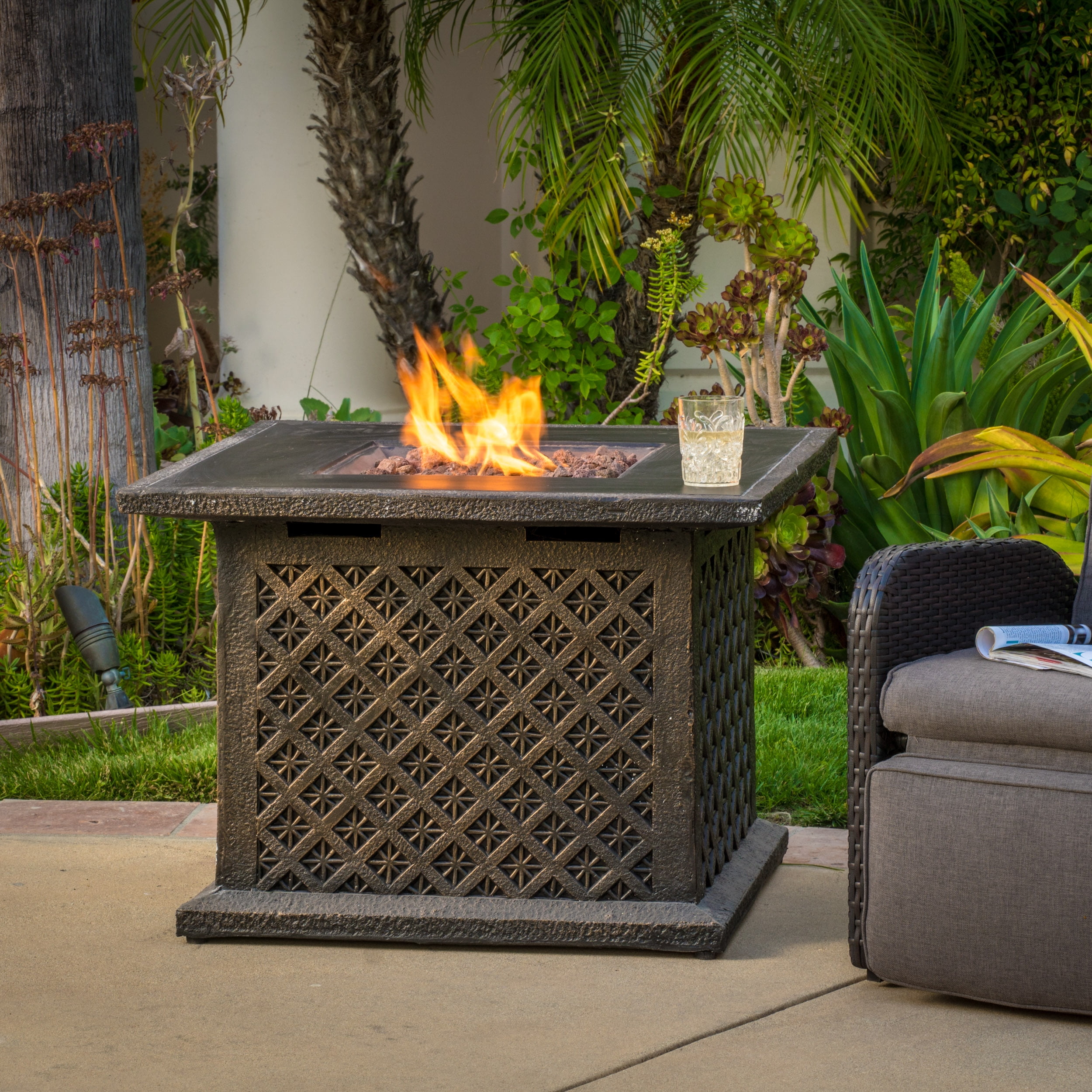 Saratoga Outdoor Square Propane Firepit with Lava Rocks, Shiny Copper by GDF Studio