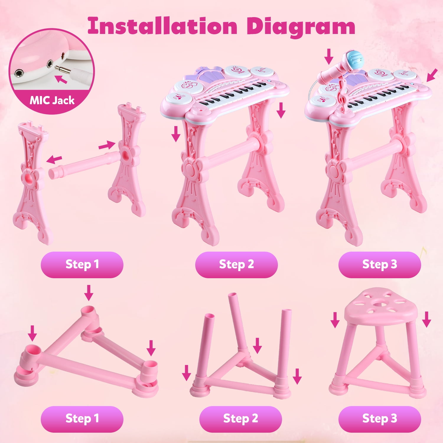 Beefunni Electronic Piano Keyboard, 24-Key  Piano Music Toy, Birthday Gift Girls, with Microphone, Stool - Pink