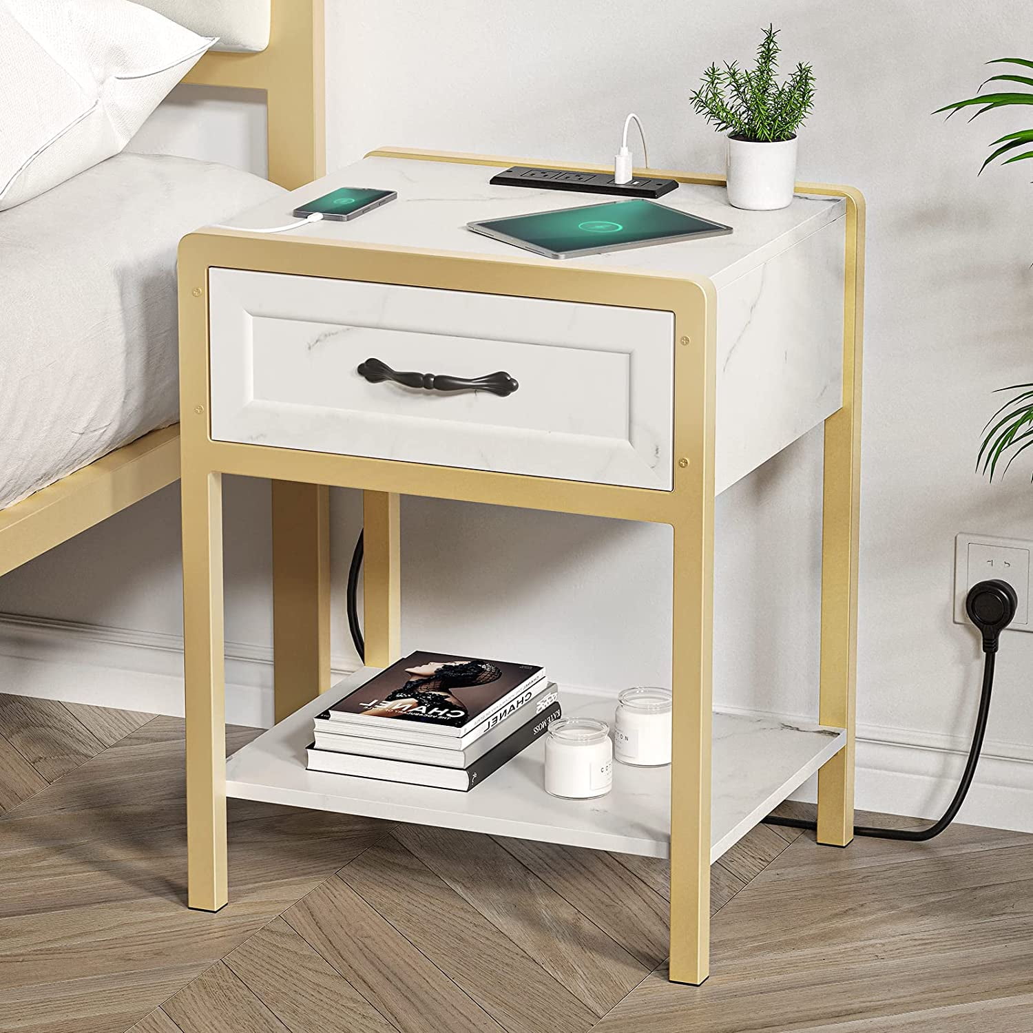 Nightstand with Charging Station and Storage Drawer,Bedside Table with