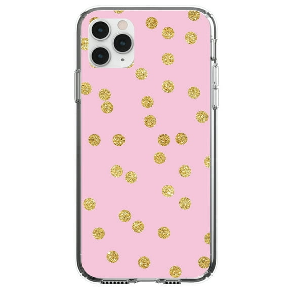 DistinctInk Clear Shockproof Hybrid Case for iPhone 13 (6.1" Screen) - TPU Bumper, Acrylic Back, Tempered Glass Screen Protector - Pink & Gold Print - Polka Dots Pattern