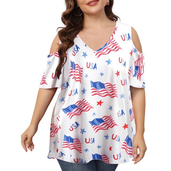DEXIO Plus Size Women American Flag Shirt 4th of July Patriotic V Neck T Shirts Women Cold Shoulder Shirt Casual USA Stars and Stripes Tees Fashion Clothes,2X