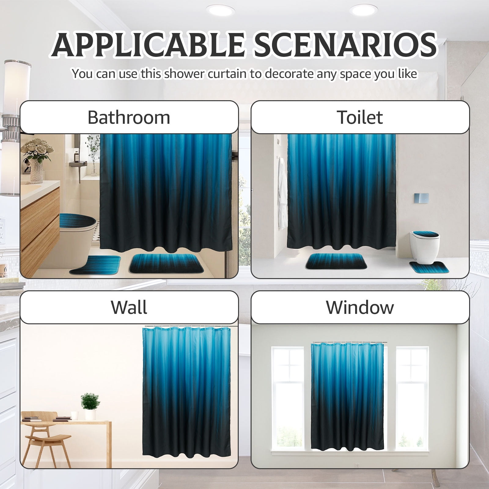 Dznils Black and Teal Ombre Shower Curtain Set with Rug, 16pc Modern Bathroom Decor Set, 72" x 72"