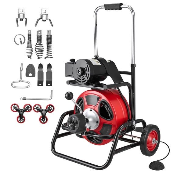 KFFKFF Drain Cleaner Machine 75 FT x 1/2 Inch, Auto Feed Sewer Snake Auger, Portable Drain Cleaning Machine with Climbing Wheels, Adjustable Drum, 8 Cutters & Foot Switch for 2" to 6" Pipes