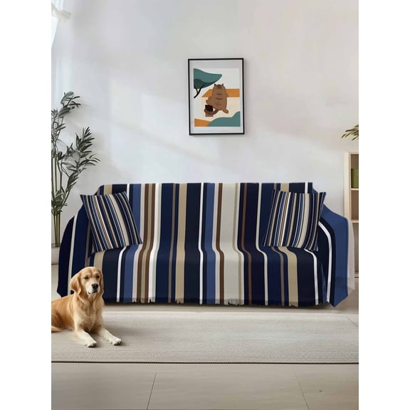Blue and Brown Geometric Stripe Pattern Sofa Covers for 2-3 Cushion Couch L-Shaped Sectional, Washable Sofa Covers Slipcover for Living Room Furniture, Couch Cover Blanket 71"x134"