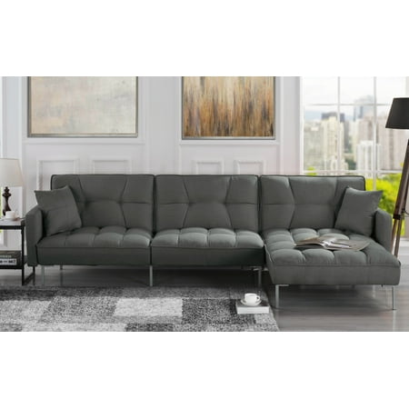 Modern Square Tufted Fabric Futon Sectional Sofa Dark Grey